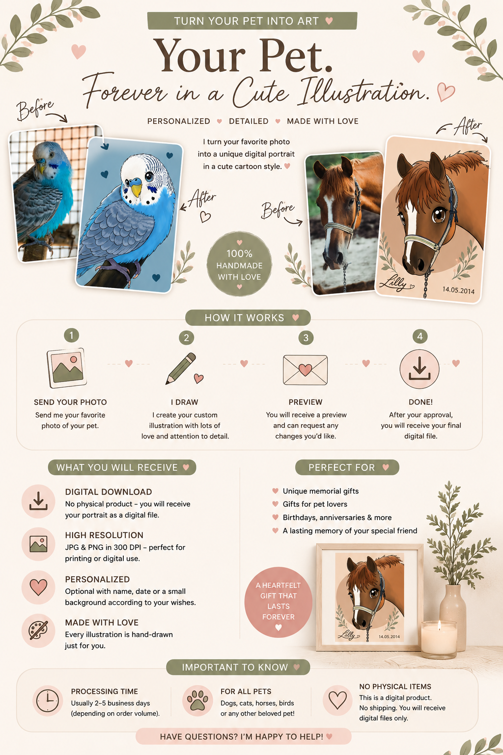 Personalisiertes Tierportrait nach deinem Foto | Süße Cartoon Illustration digital